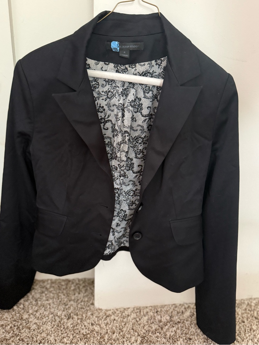 Express Black Blazer with Floral Lace-Print Lining